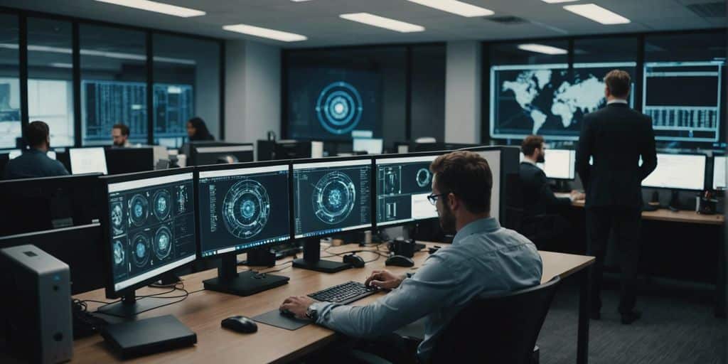 Modern office with employees working on computers, featuring cybersecurity icons like locks and shields.