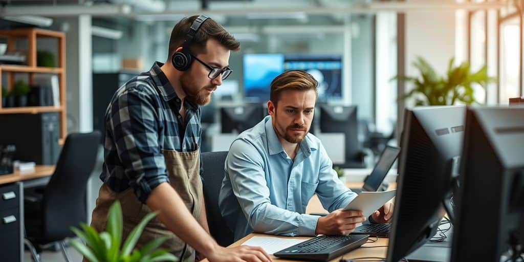 Técnico informático asistiendo a un colega en la oficina.