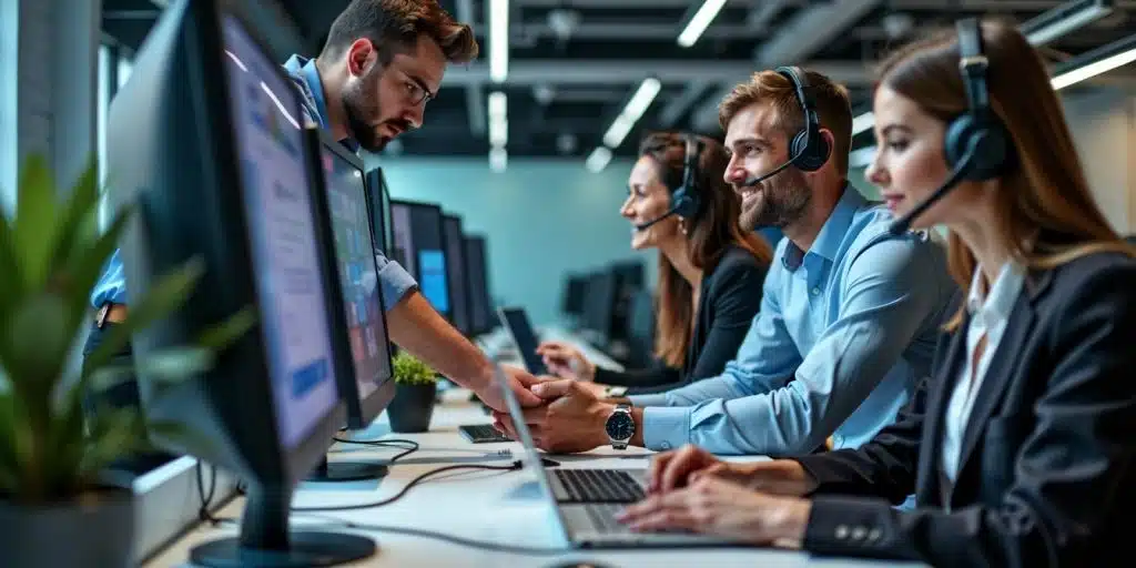 Técnico de soporte IT ayudando a un equipo empresarial.