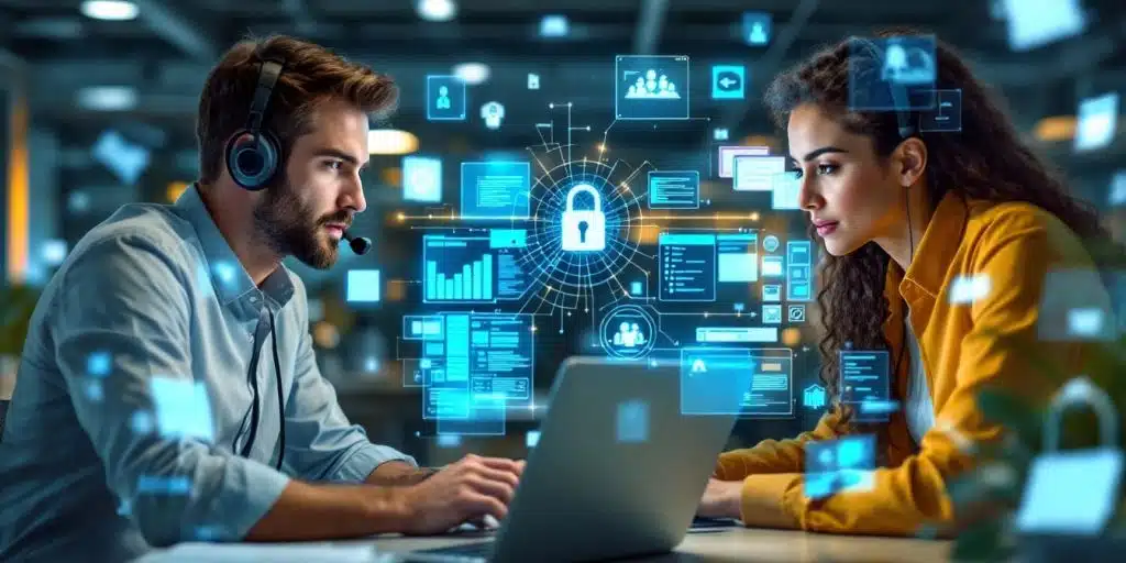 Profesionales de TI colaborando en ciberseguridad empresarial.