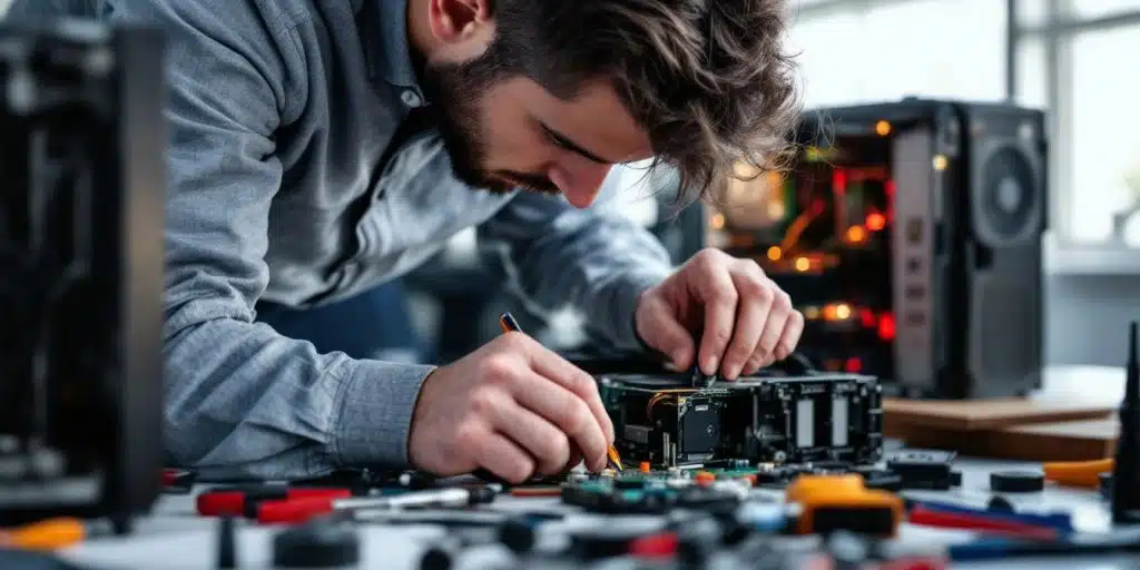 Técnico reparando una computadora en un entorno profesional.